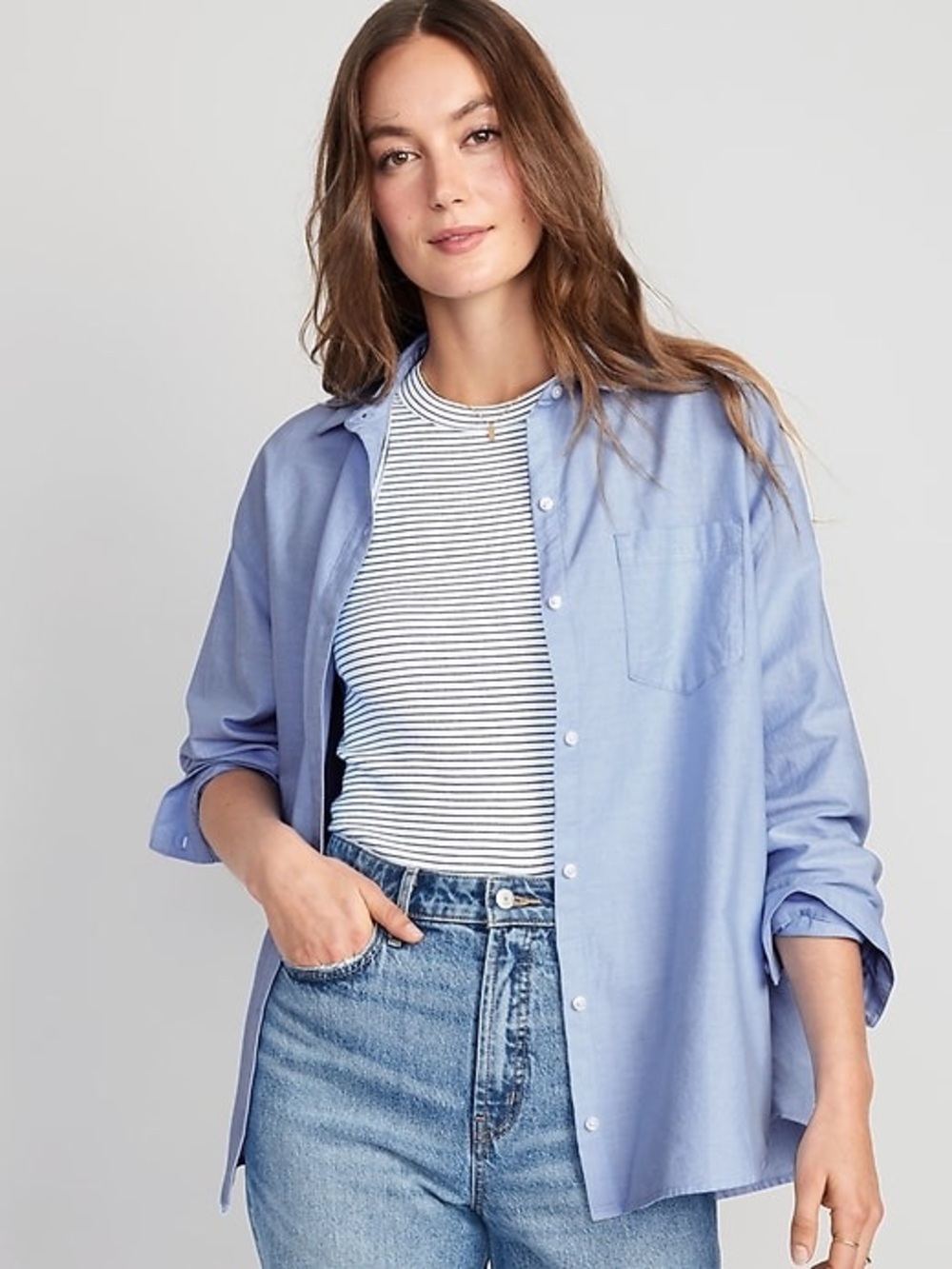 Old Navy Oversized Button-Down Oxford Blue Boyfriend Shirt Size Large